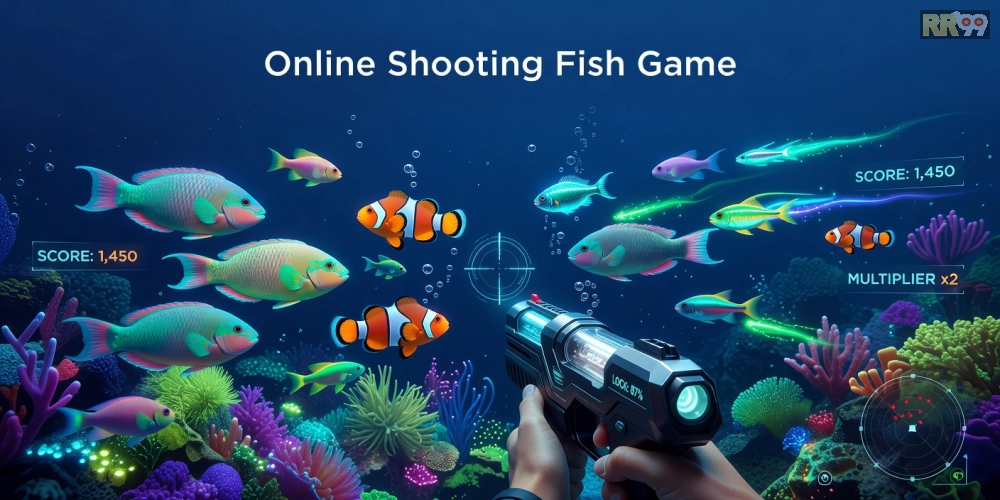 Caption: Hình ảnh minh họa giao diện trò chơi bắn cá online rr99 với cá bơi lội sôi động và súng bắn đa dạng