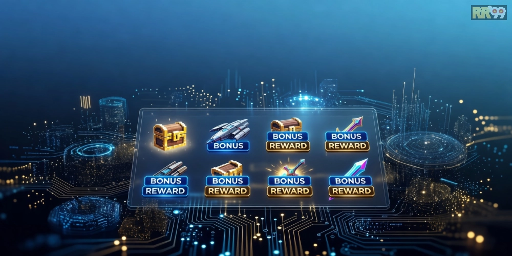 Minh họa khái niệm game khuyến mãi rr99 với giao diện nền tảng hiện đại và phần thưởng hấp dẫn