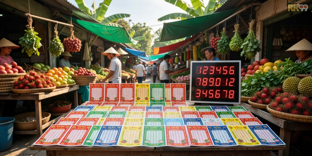 Minh họa khái niệm xổ số Cần Thơ RR99 với vé số và bảng kết quả