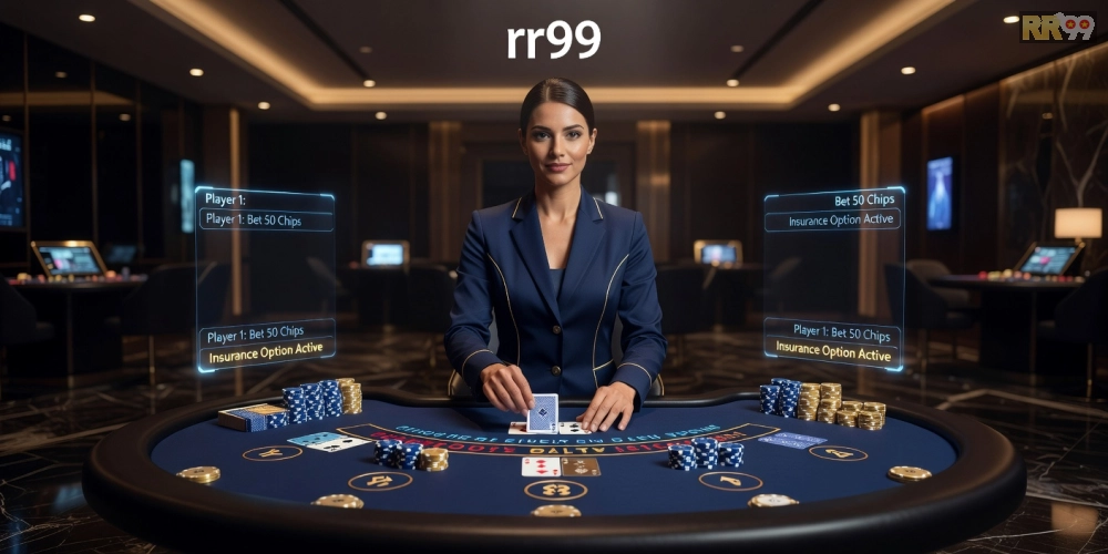 Hình minh họa giao diện live casino rr99 với dealer thực tế và bàn chơi sôi động